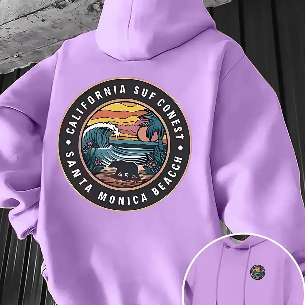 Men Oversized Casual Hoodie Santa Monica Beach California Surf Circle Badge Print Pullover Korean Vacation Sweatshirt