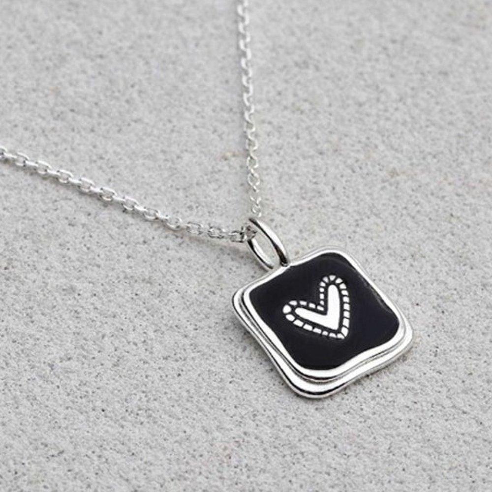 [Aslit] Chain Silver Necklace Silver 925 Black Heart Square Pendant