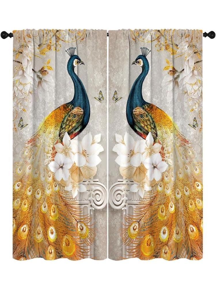 

Set Of 2 Elegant Peacock Curtains Golden Floral Design Polyester Living Room Bedroom Decor Luxury Curtain Darkening For Great Made With Rod Pocket W100*H70(CM)-Hooks&2PCS