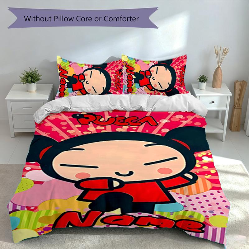 3pcs Custom Name Pucca Bedding Set,Includes 1 Duvet Cover and 2 Pillowcases,All-season Bedroom Decor