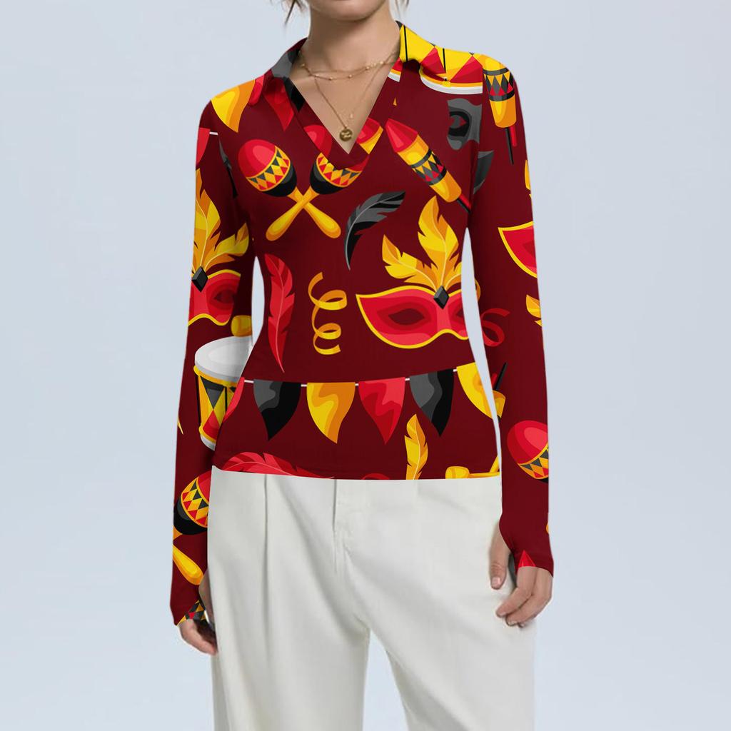 Damenmode Lässig Bedruckt V-Ausschnitt Langarm Knopfleiste Oberteil