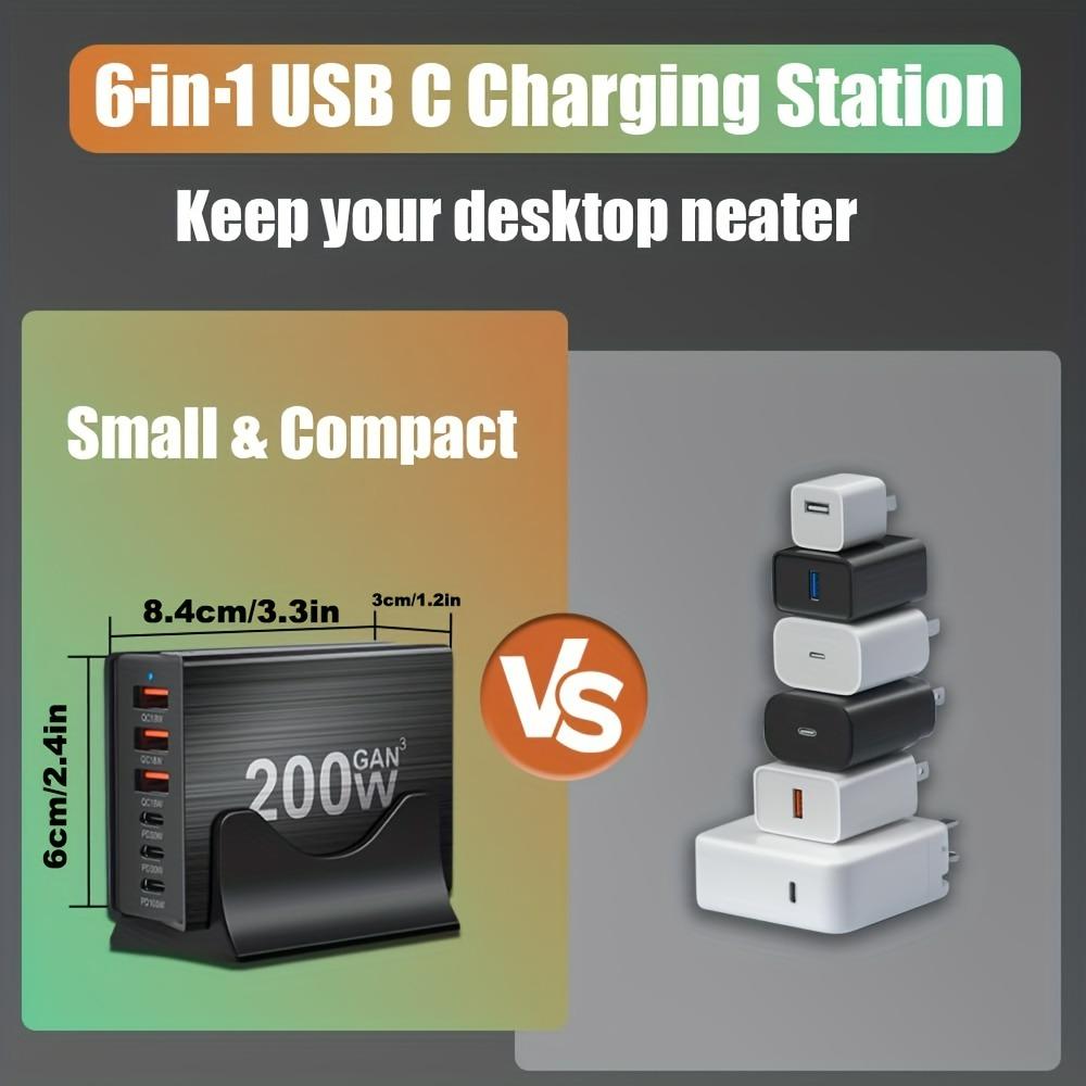 Stație de încărcare rapidă GaN 200W cu 6 porturi, încărcător USB C, încărcare rapidă QC PD 3.0, încărcător rapid Type C pentru IPhone 16/15/14/13 Pro MacBook