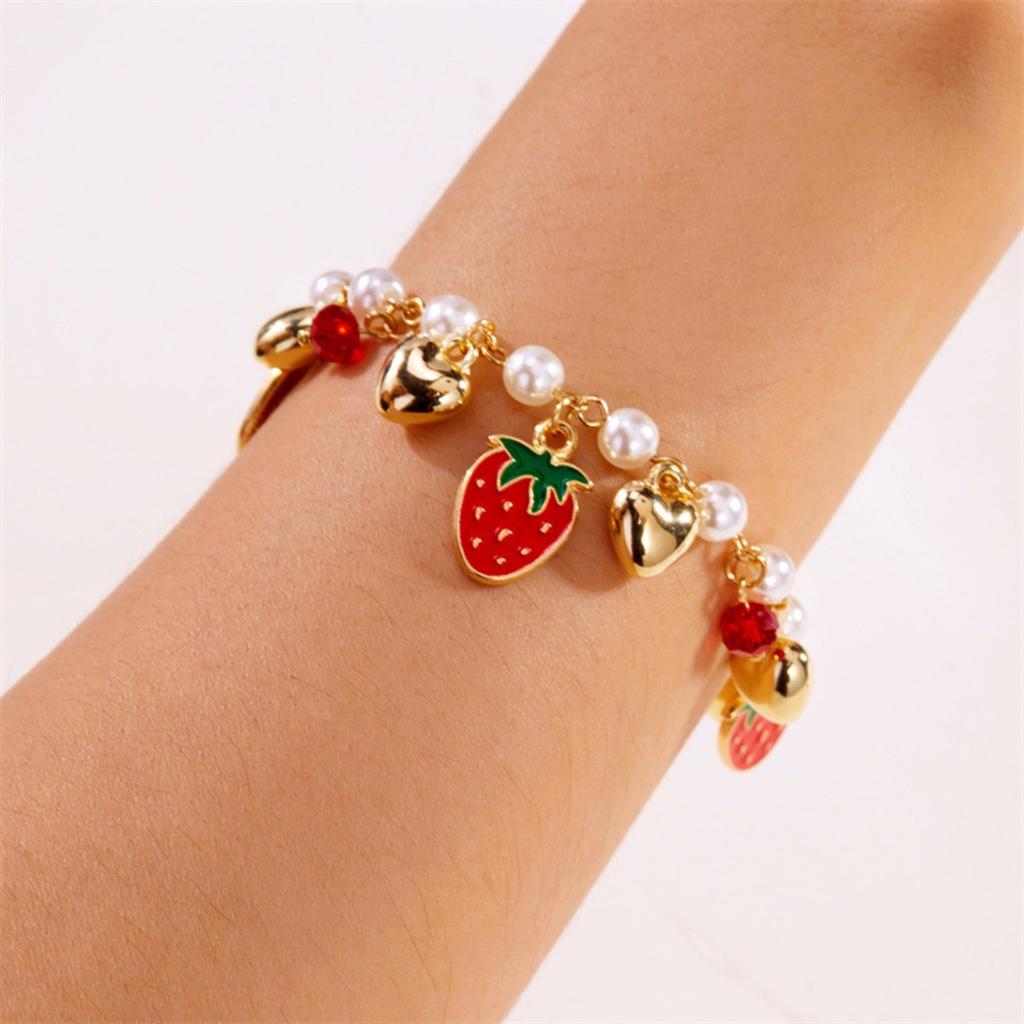 Hypoallergenic Stainless Steel Women's Bracelet with Cherry Strawberry Heart Pearl Chain - Gift Party Bangle Accessory for Girls