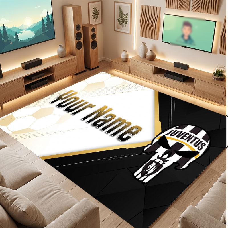 Juventus FC Custom Crystal Velvet Rug, Personalized Name Text Print, Football Logo Soft Non‑Slip Floor Mat Home Decor Gift