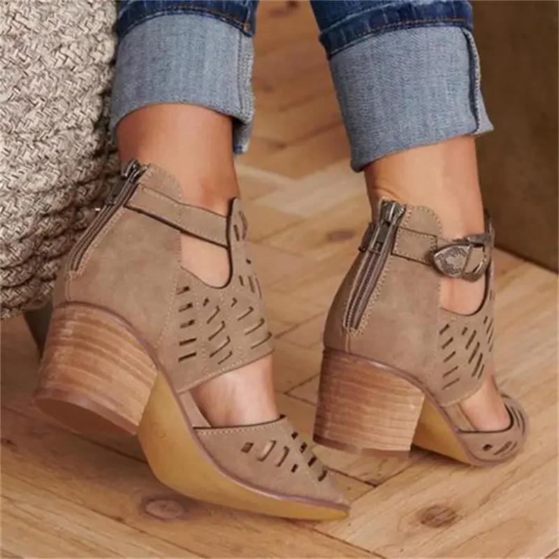 Fashion Women Mid Heel Summer Slip-on Buckle Ladies Shoes Open Toe Casual Wedding Pumps Sandalias Solid Color Thick Heeled Sandales
