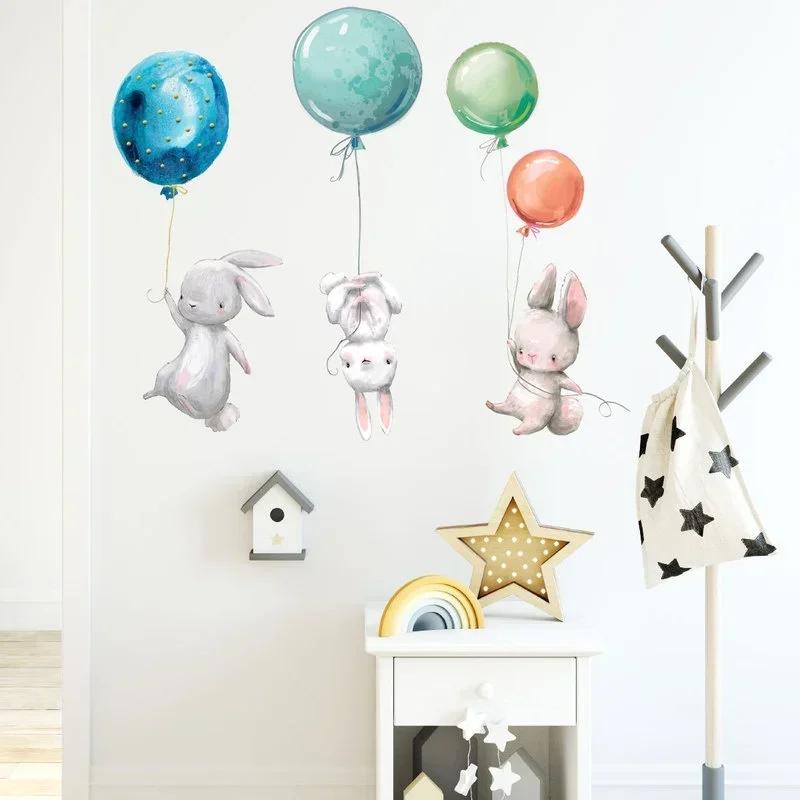 Wall Decor Colorful Balloon Rabbits Bedroom Wall Stickers Kids Room Grey Bunny Wall Stickers for Children Nursery Decal Decor