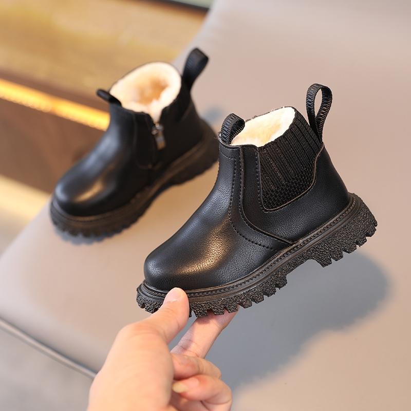 Boys Girls Winter Inside Padded Velvet Warm Boots British Style Non-Slip Snow Shoes Side Zipper Design Short Boots Leather Boots