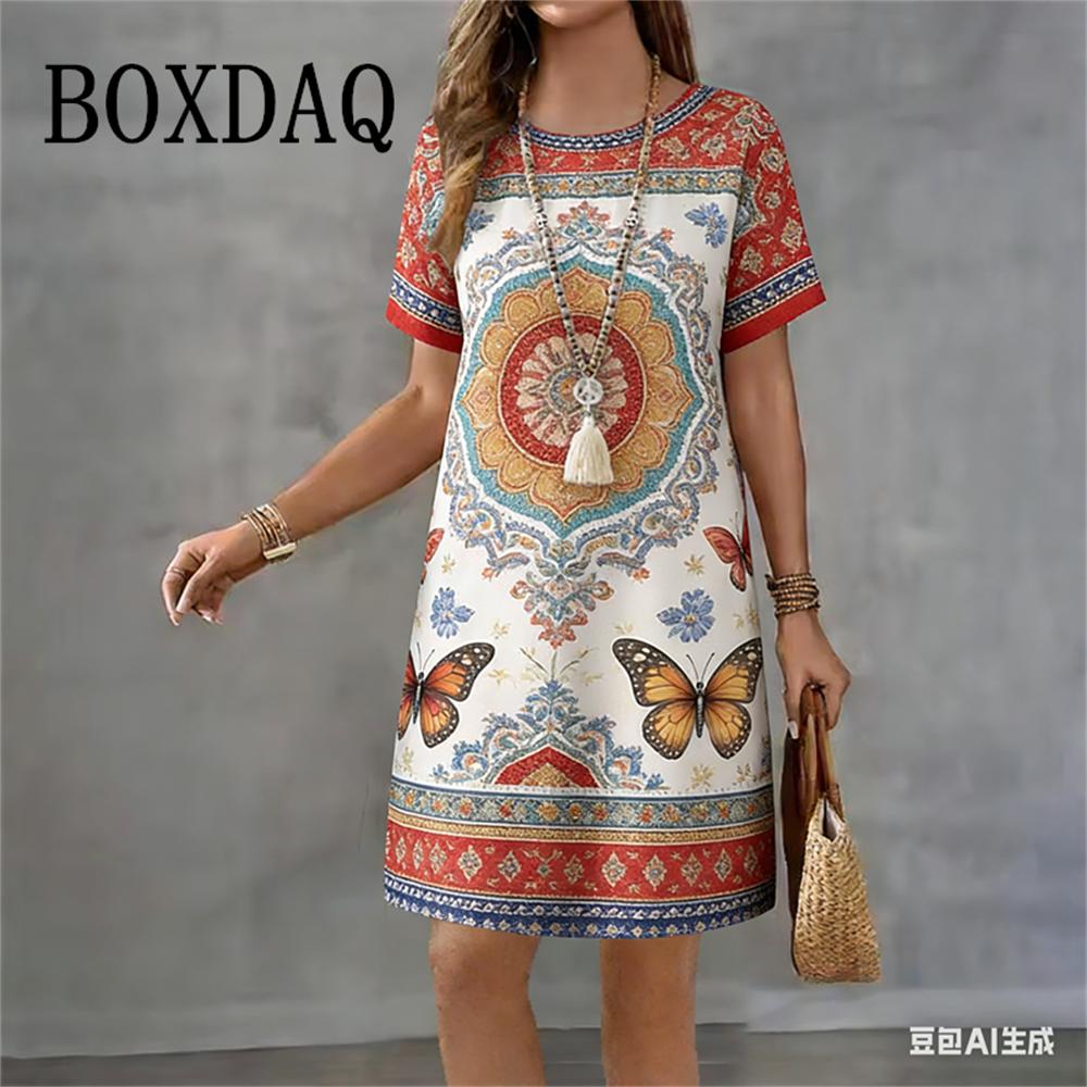 

Butterfly 3D Print Dresses For Women 2026 Summer Vintage Ethnic Style Pattern Short Sleeve Dress Casual Retro Loose A-Line Dress S