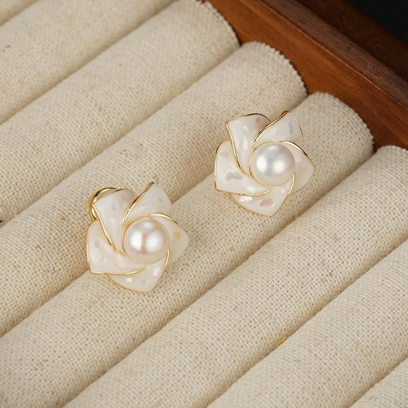 Elegant Pearl Camellia Flower Earrings Sterling Studs Minimalist Fashion Jewelry Women
