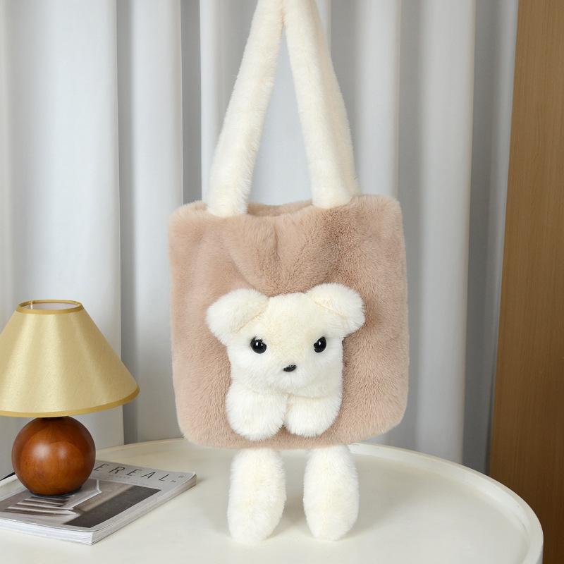 New Plush Doll Shoulder Bag Cute Niche Oblique Straddle Women's Bag Imitation Mink Hair Contrasting Color Bear Doll Tote Bag