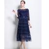 Solid Patchwork Embroidery Cascarding Ruffles Long Dress for Women Slash Neck Lace Hollow Out Office Work Dress Female Clothing