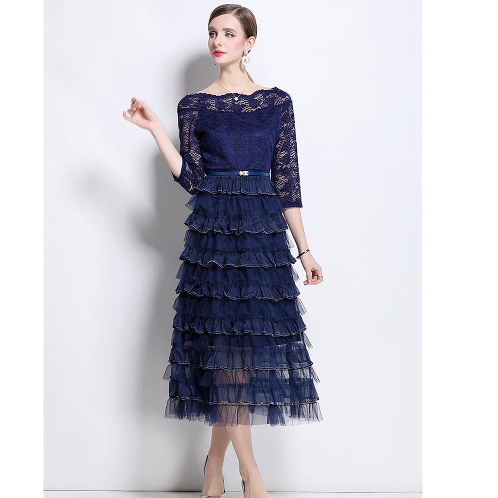 Solid Patchwork Embroidery Cascarding Ruffles Long Dress for Women Slash Neck Lace Hollow Out Office Work Dress Female Clothing