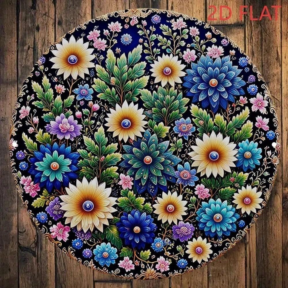 Vintage Round Mandala Metal Wall Art 8 Inch Turquoise Blue Golden Boho Decor Aluminum Sign Home Bar