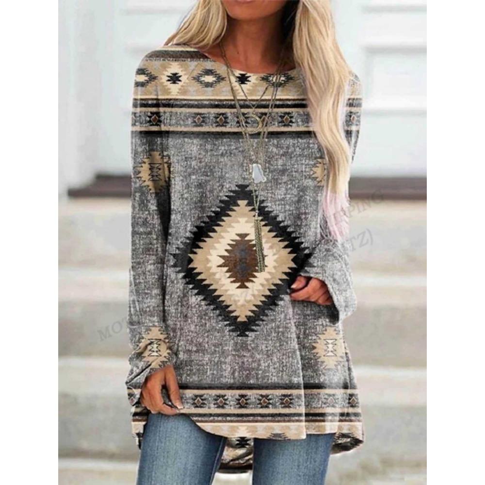 Etnisk t-skjorte med 3d-trykk for kvinner Mote-t-skjorter Uformelle overdeler med lange ermer T-skjorter T-skjorte med grafisk trykk Løs Harajuku vintage-t-skjorter