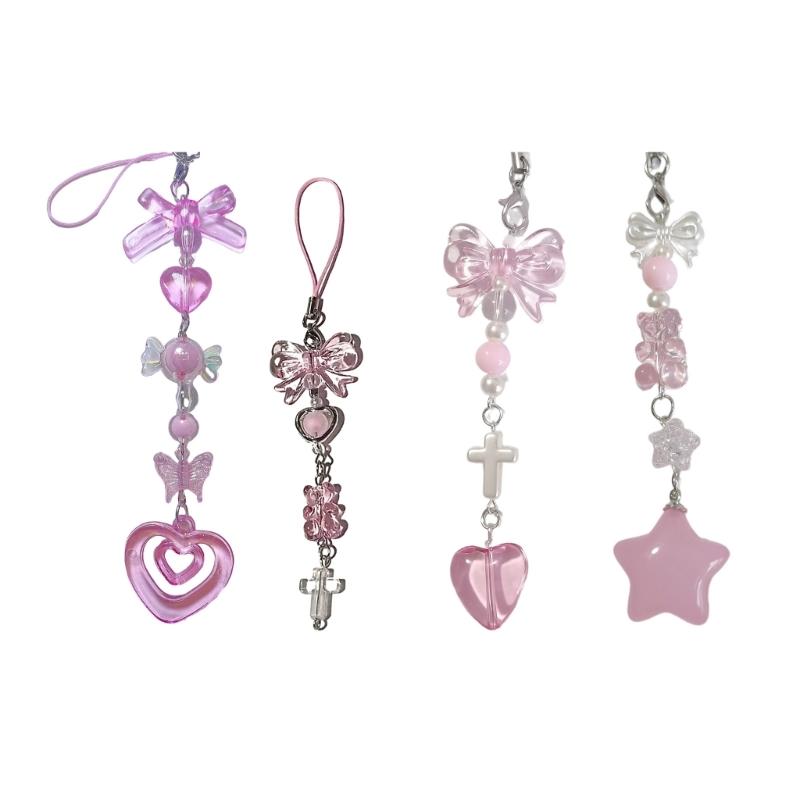 Stylish Heart Pendant Phone Lanyard Trendy Bowknot Candy Pendants Y2k Style Keychain Phone Charm Straps Ornaments