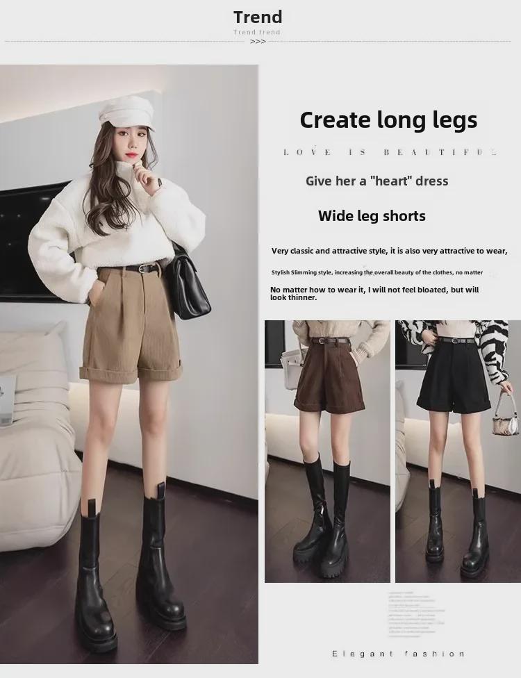 Dámské manšestrové kraťasy s vysokým pasem a áčkovým střihem – módní korejský styl na podzim/zimu