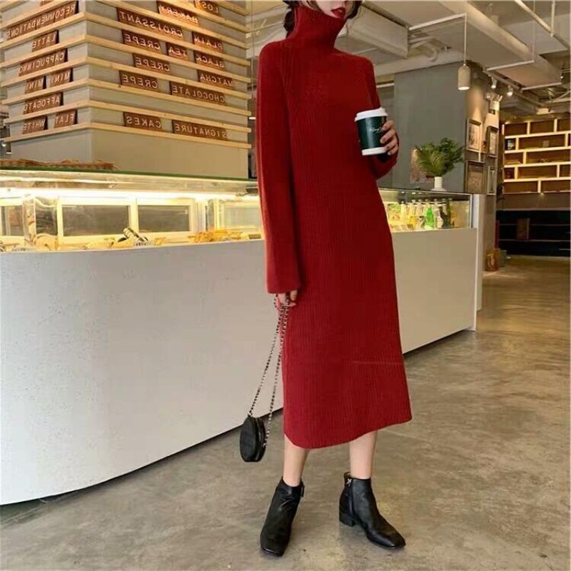 Christmas Red Temperament Slim Fit with Bottom Sweater Knitted Dress Women's Autumn and Winter with Coat Long Skirt