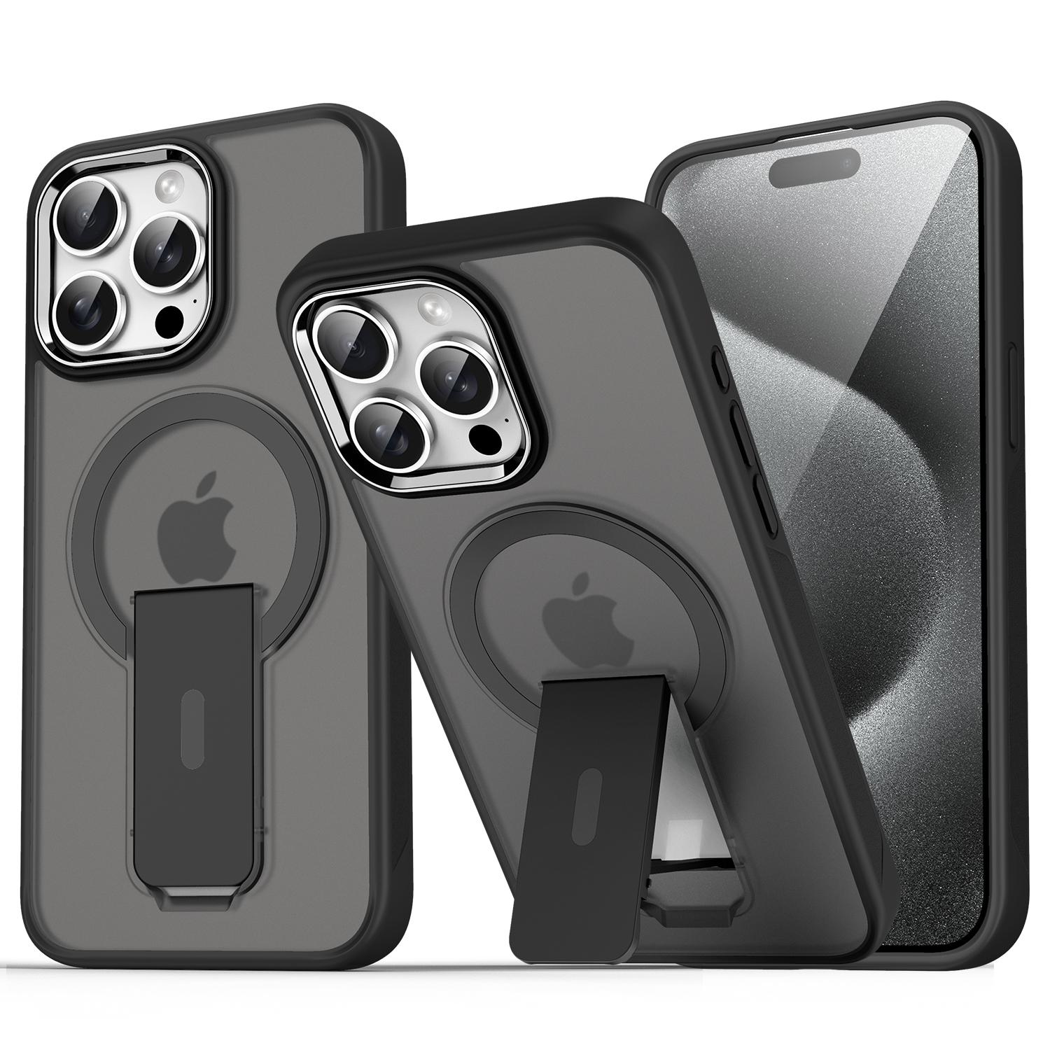 

For iPhone 15 Pro Max Case Compatible with MagSafe PC+TPU Phone Cover with Kickstand Transparent Black