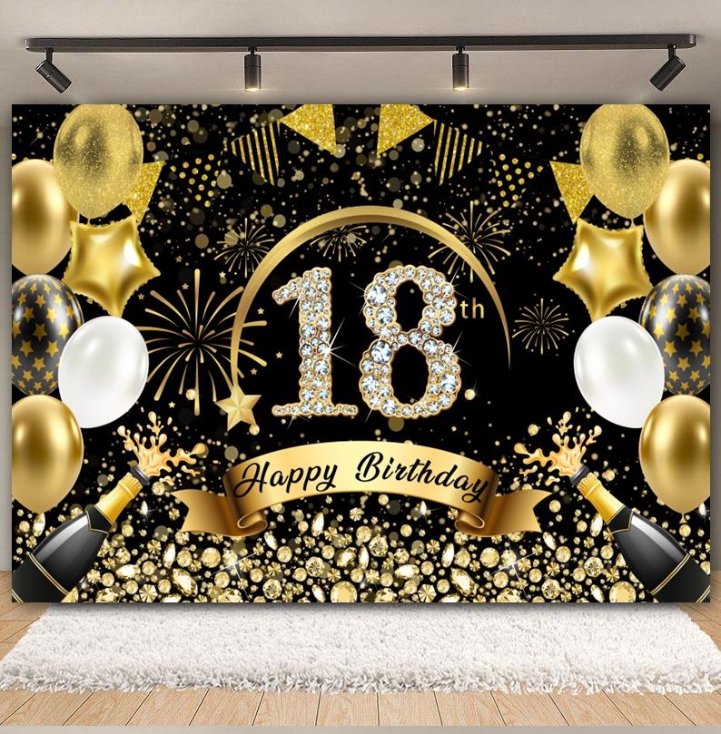 Schwarz Gold Rosa Blau Ballonband Thema Hintergrund, Geschenk zum Erwachsenwerden 18. Geburtstag Party Dekoration Fotografie Hintergrundtuch
