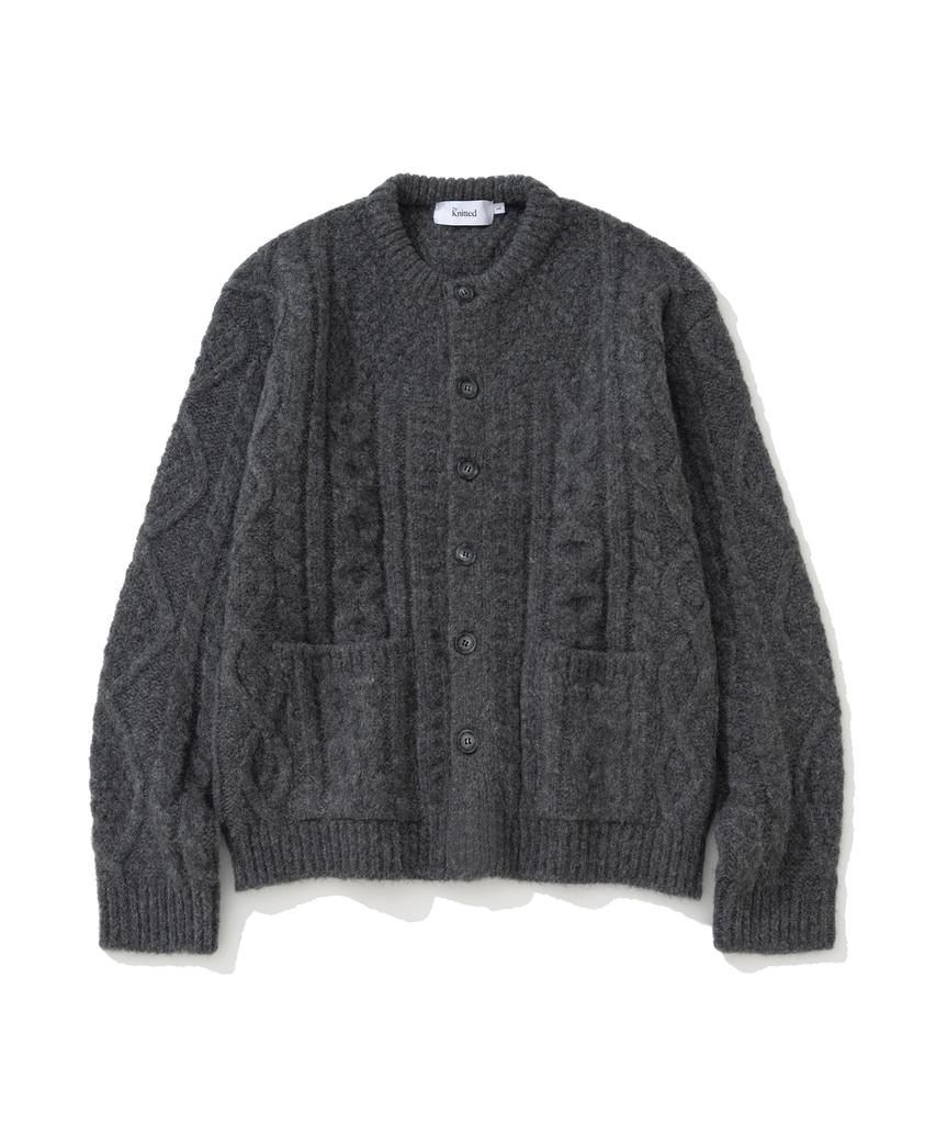 Knitted (Unisex) Bold Cable Round Knit Cardigan Charcoal