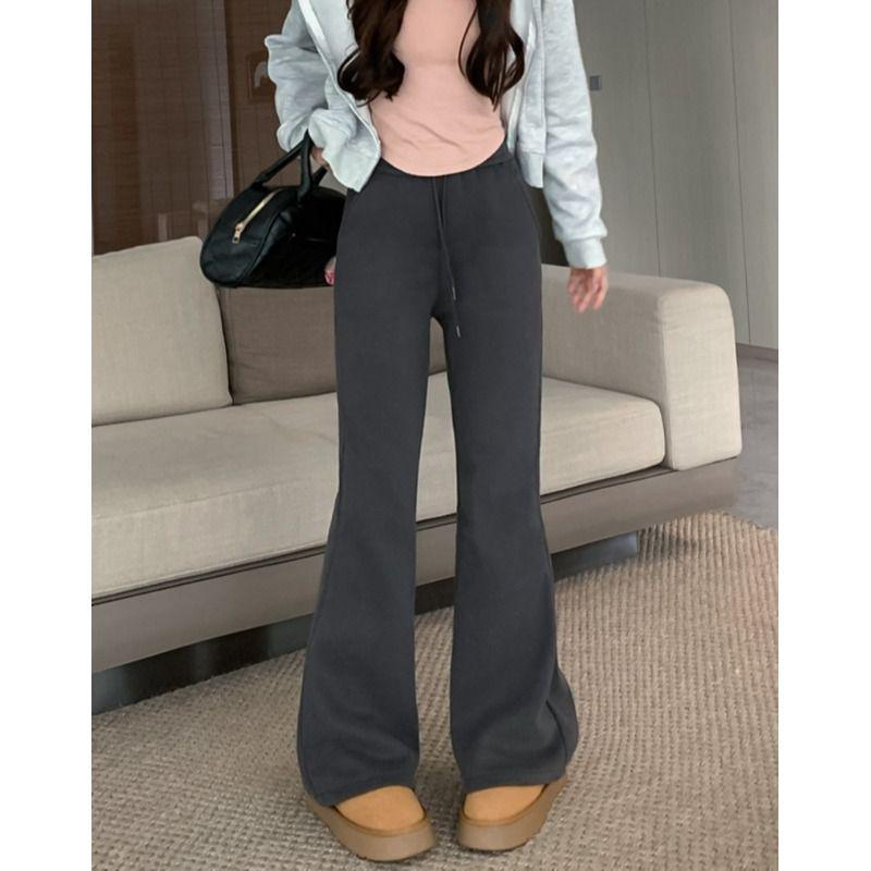 American Spicy Girl Women's Gray Fleece-Lined Bootcut Yoga Pants: Winter Warm, Elastic Waist, Casual Micro Flare.