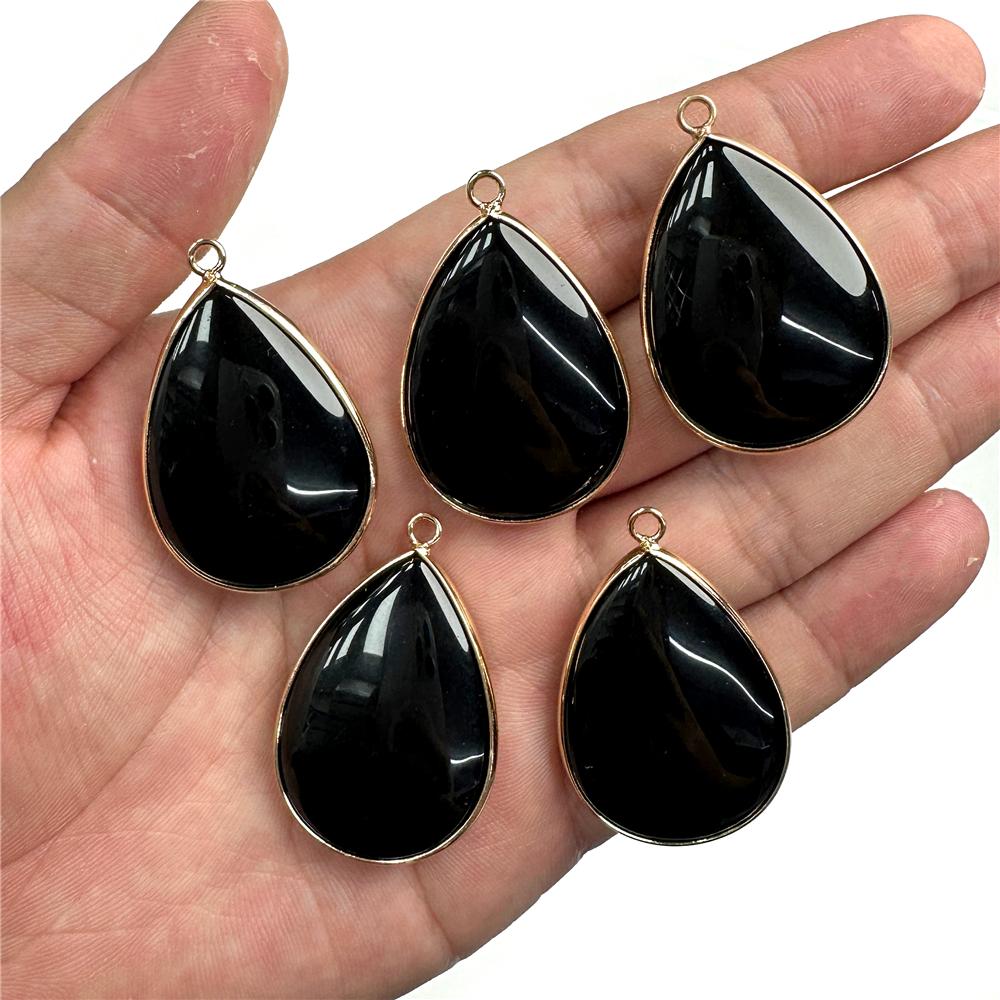 Natural Black Agates Slice Pendant, Smooth Water Drop Pendants, Jewelry Making Accessories, Wholesale, 26x35mm 1PC