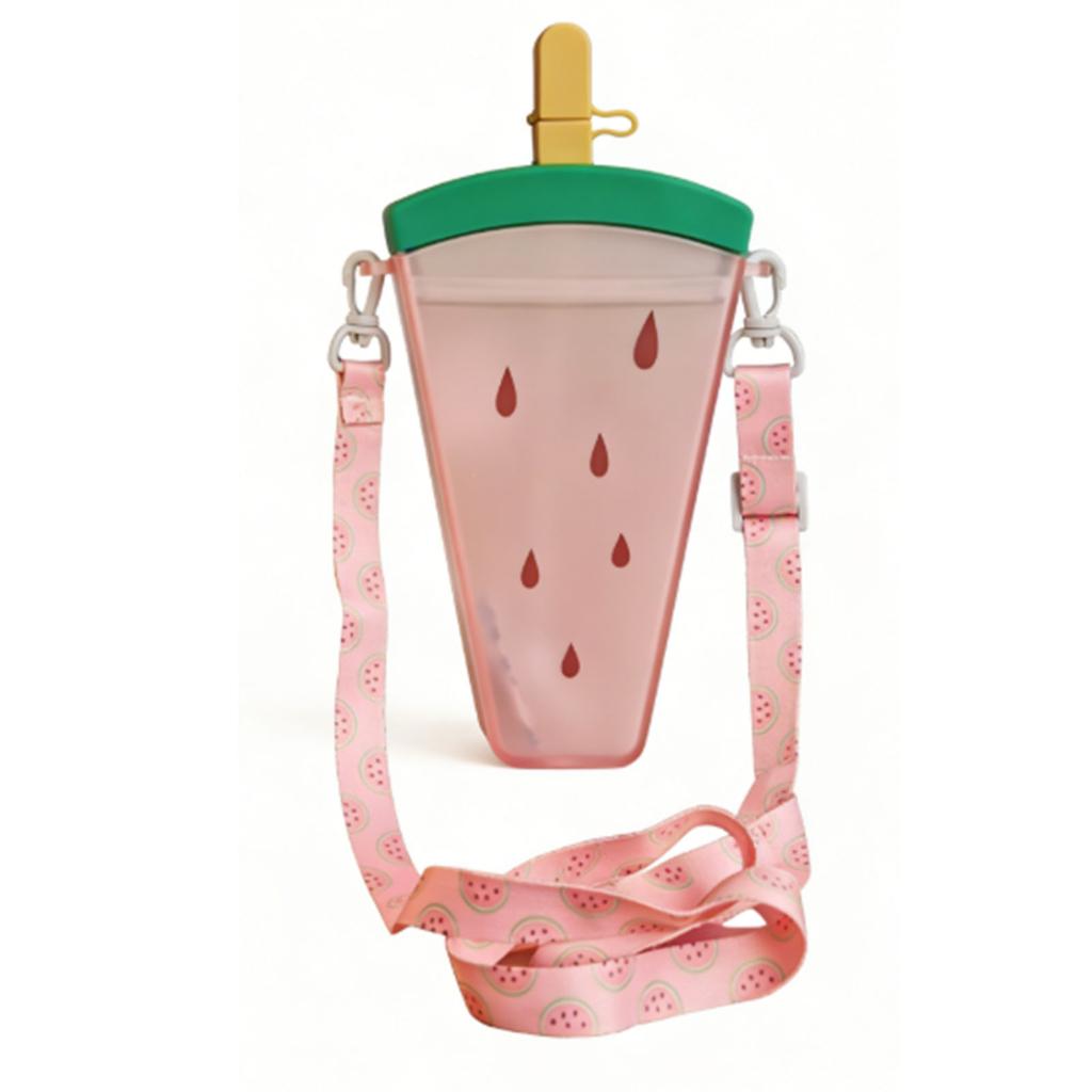 Botella de Agua para Niños con Pajita Correa Ajustable PC Antifugas Reutilizable Taza para Niños Pequeños para Escuela Deporte Viaje Sandía Rosa