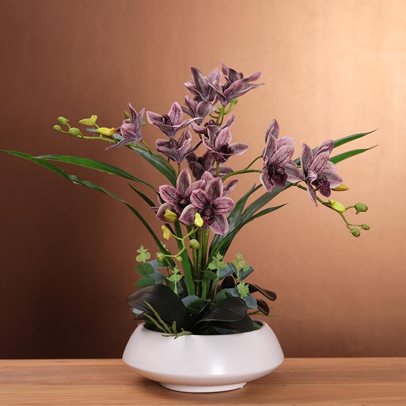 Umelé kvetinové aranžmán s orchideou Cymbidium pre obývaciu izbu, jedálenský stôl alebo na vystavenie na TV skrinke