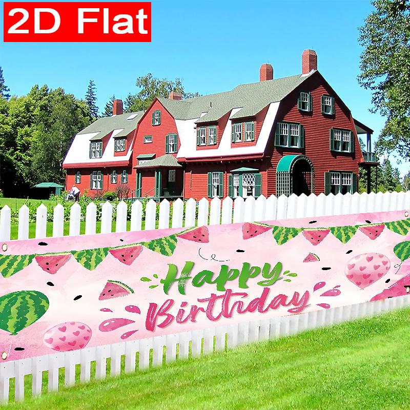 Happy Birthday Watermelon Banner, Summer Watermelon Theme Design, Polyester Outdoor Wall Fence Yard Garage Balcony Decoration