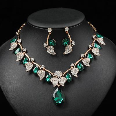 Women Retro Ethnic Style Crystal Teardrop Leaf Statement Necklace Dangle Earrings Set