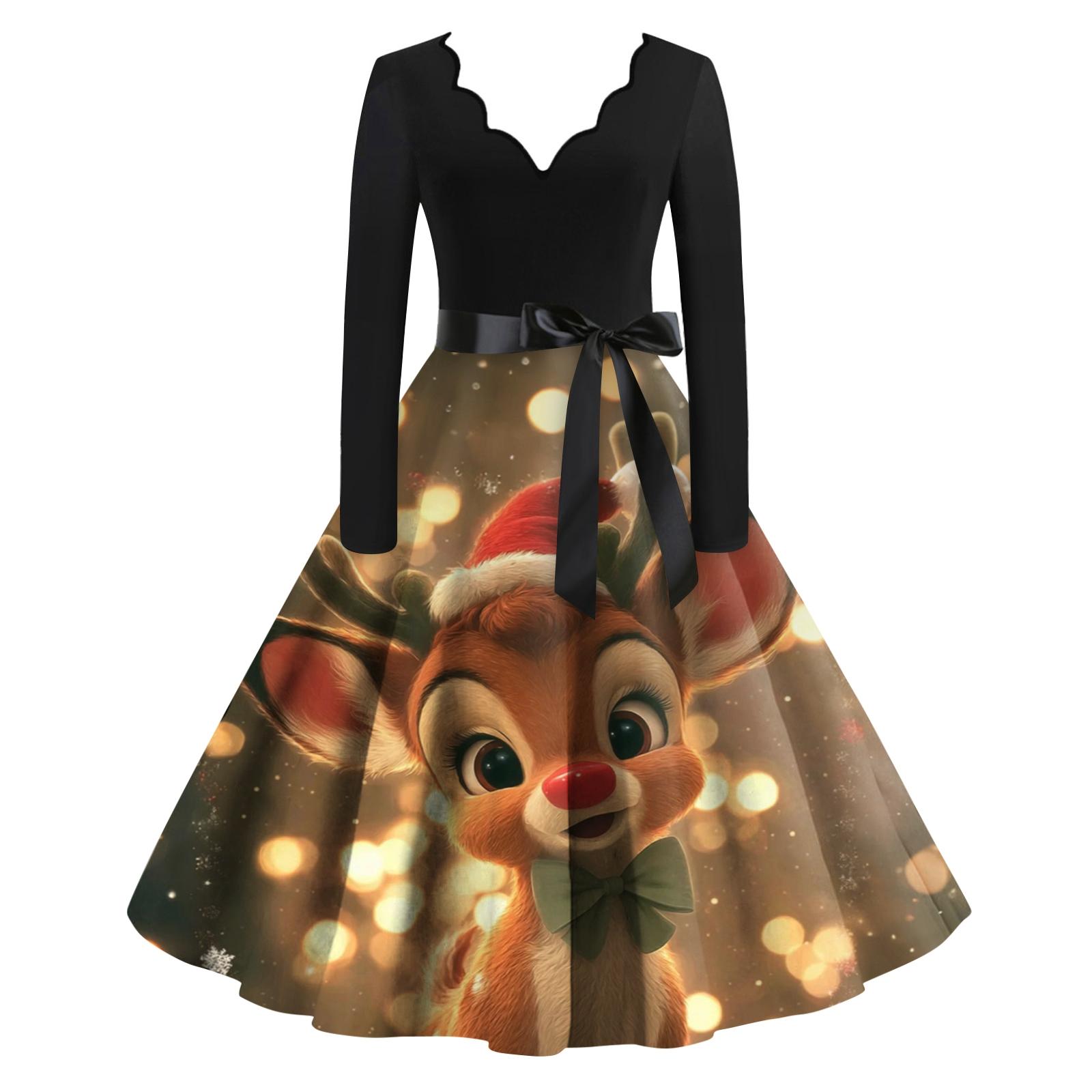 

Женское повседневное и модное платье с V-образным вырезом, длинными рукавами и рождественским принтом S