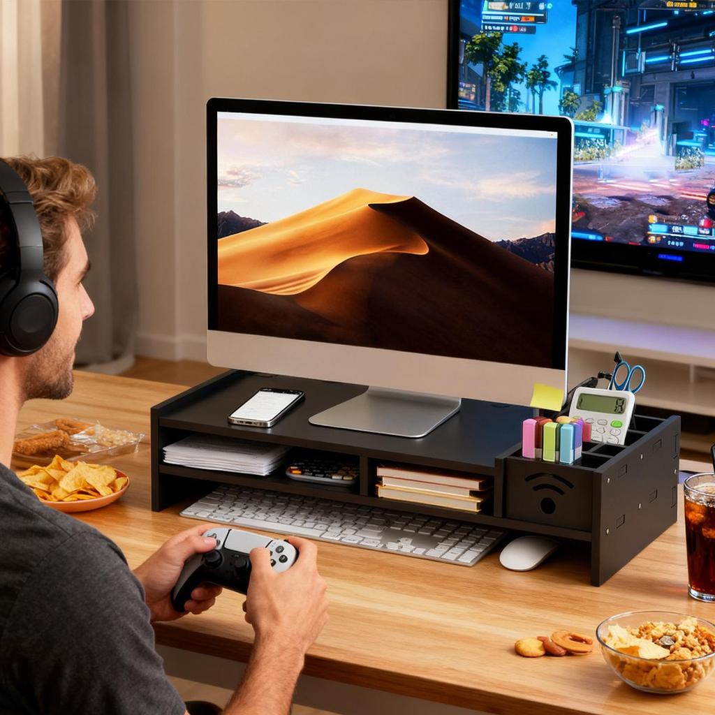 Schreibtisch-Monitorständer 2-stufiger Schreibtischhalter 4,3 Zoll Höhe Computererhöhung mit Aufbewahrungs-Organizer für Zuhause Laptop PC TV Arbeitstisch