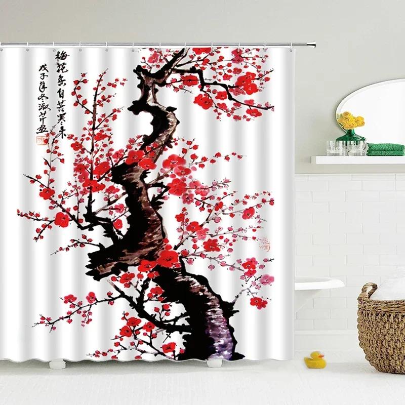 Duschvorhänge im chinesischen Stil mit Blumen und Vögeln, wasserdicht, Badezimmervorhang, 3D-bedruckter Stoff mit Haken, Dekoration, Duschvorhang