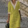 V-neck Half Sleeve Thin Beach Dress Women Elegant Lace Stitching Casual Dress Streetwear