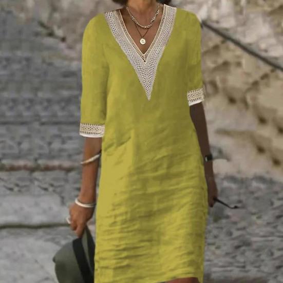 V-neck Half Sleeve Thin Beach Dress Women Elegant Lace Stitching Casual Dress Streetwear