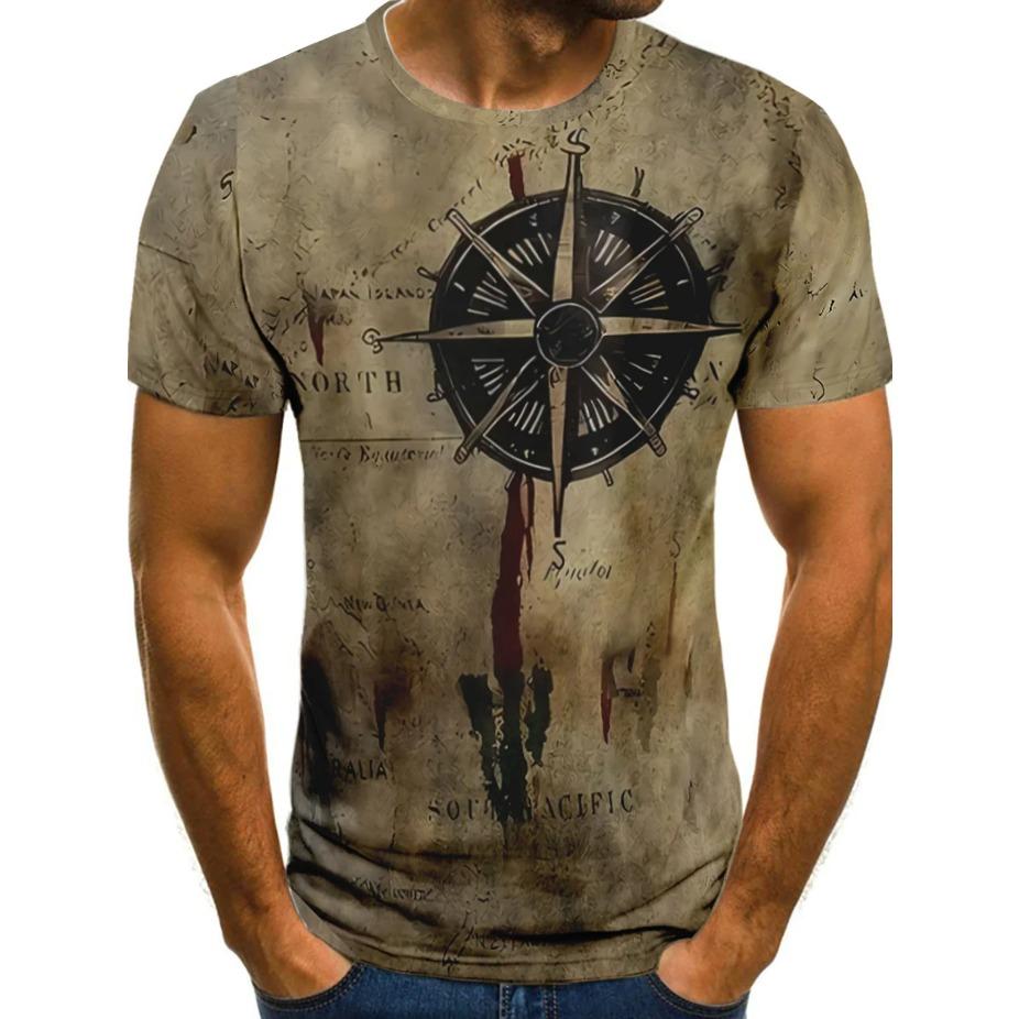 Stylish Men's Retro Compass and Map Pattern Crew Neck Short Sleeve T-Shirt for Summer Street Wear