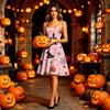 Women’s Halloween Print Dress Sleeveless Off Shoulder Spaghetti Strap A Line Midi Dress with Festive Pattern for Holiday Parties