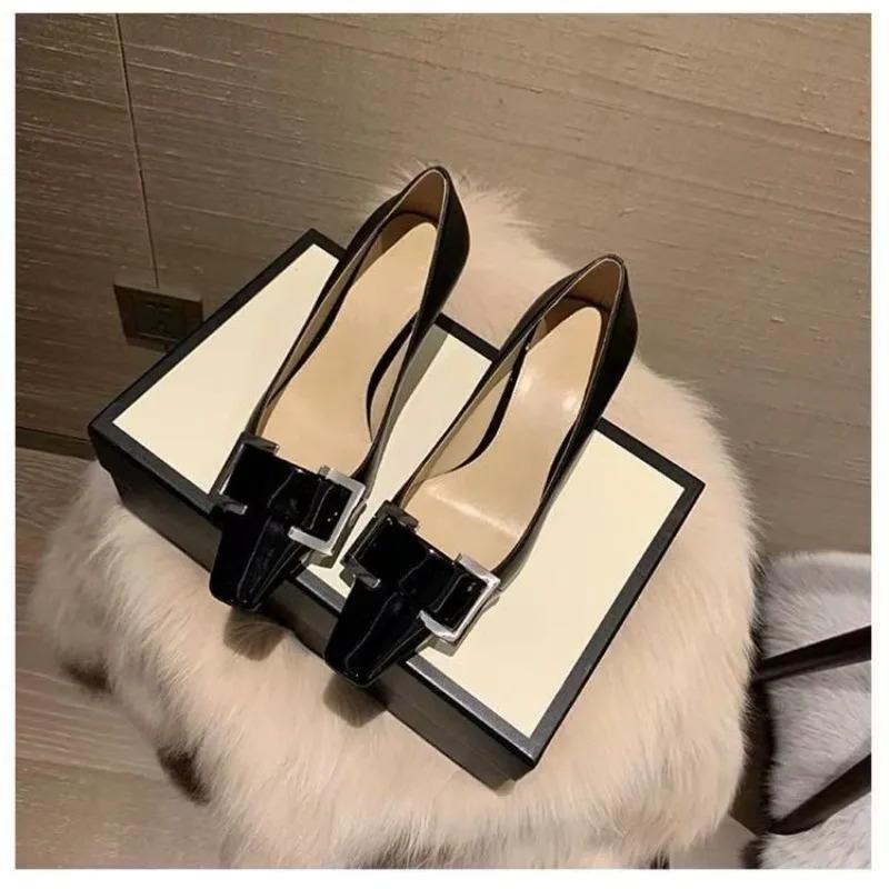 Fashion Metal Buckle Thin Heel Single Shoes Autumn New Square Toe Shallow Mouth Slip-on Kitten Heel Shoes
