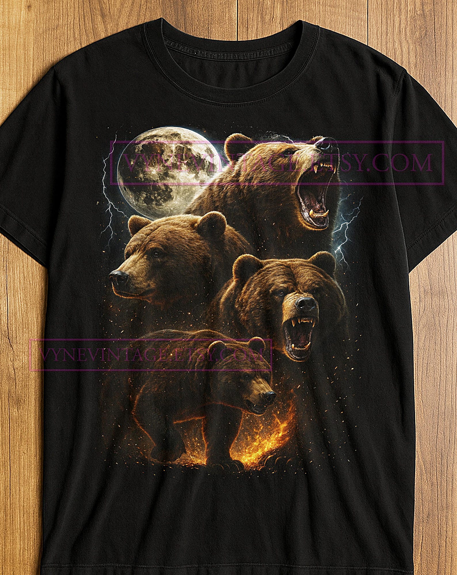 The Stormborn T-Shirt, Bears Lightning Chaos Moonlight Fury Power Graphic Tee, Wild Animals Nature Shirt, Vintage Wildlife Art XL