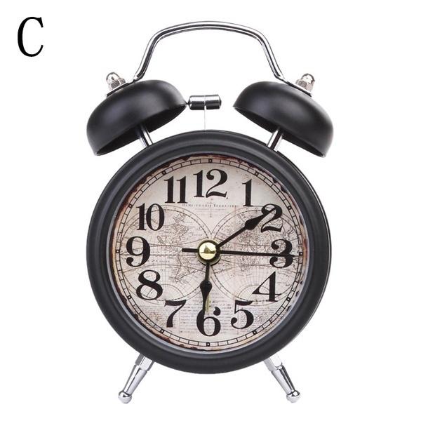 Classic Vintage Silent Metal LED Night Light Twin Bell Alarm Clock Ticking Retro Tableclock