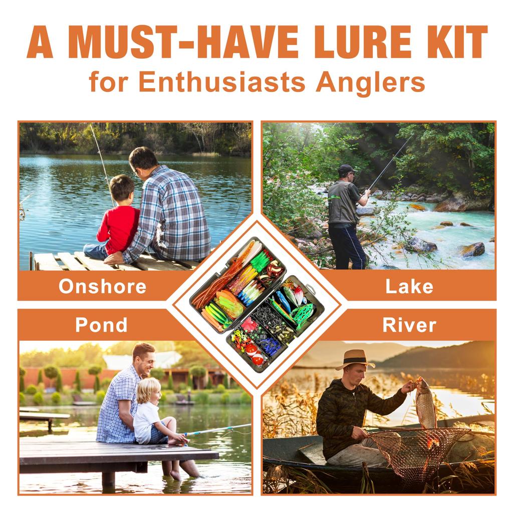 TRUSCEND Fishing Lure Bait Tackle: Fishing gear lure kit set including plastic worms, topwater lures, tackle box, etc.