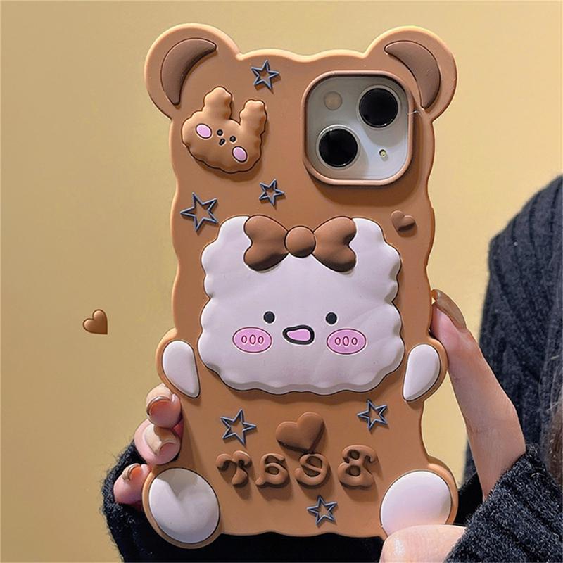 Korejský roztomilý 3D Cartoon Bear silikonový kryt na telefon s hvězdou pro iPhone 14 13 12 11 Pro Max Lovely Bunny ochranný měkký kryt Funda