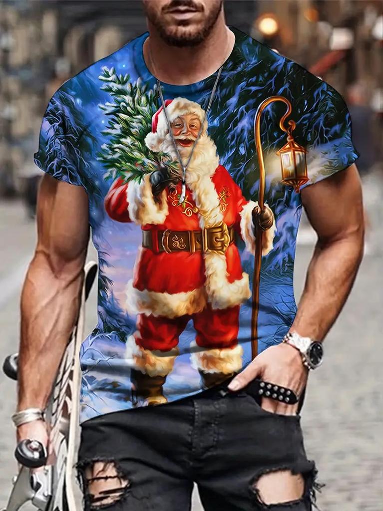 Christmas Mens T-Shirt Summer Funny Santa Claus Print Men's Clothes O-Neck Men's Short Sleeve T-Shirts Loose Vintage Y2k Clothes