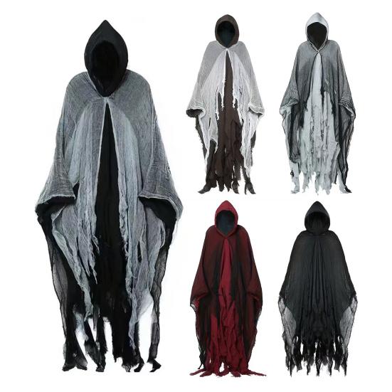 Halloween Cloak Shabby Texture Mesh Fabric Hooded Cape Realistic Horror Look Broken Visuals Cloak Scary Costume