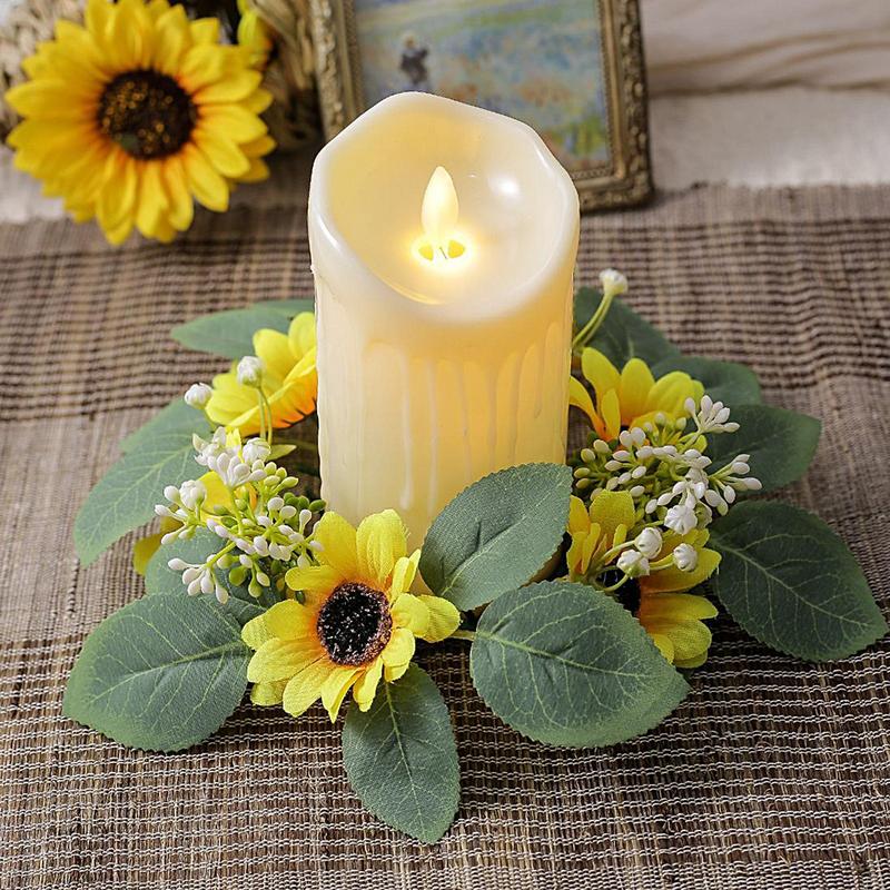 Wreath Candle Ring Artificial Sunflower Garland Pillar Candle Leaves Spring Greenery Candle Holder For Home Wedding Party