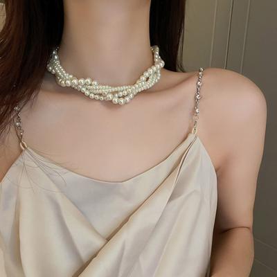 Women Necklace Vintage Faux Pearl Twisted Tangled Multi-layered Faux Pearl Choker Neck Decoration Jewelry Luxury Women Prom Cocktail Cosplay Necklace