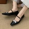 Silver Flower Embellished Mary Jane Shoes Women Fashion Square Toe Shallow Buckle Designer Shoes Comfortable Office Dress Shoes