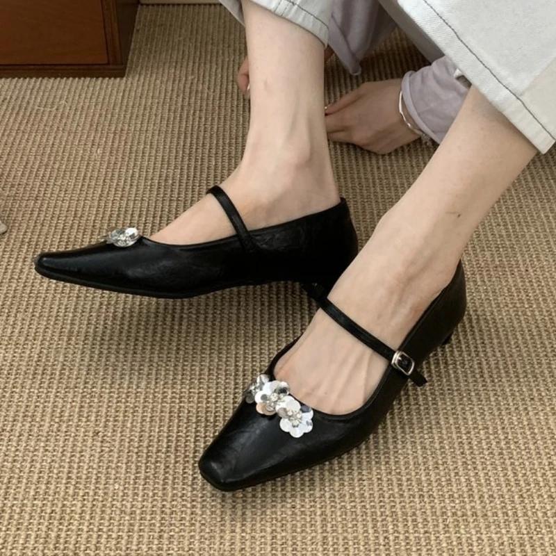 Silver Flower Embellished Mary Jane Shoes Women Fashion Square Toe Shallow Buckle Designer Shoes Comfortable Office Dress Shoes