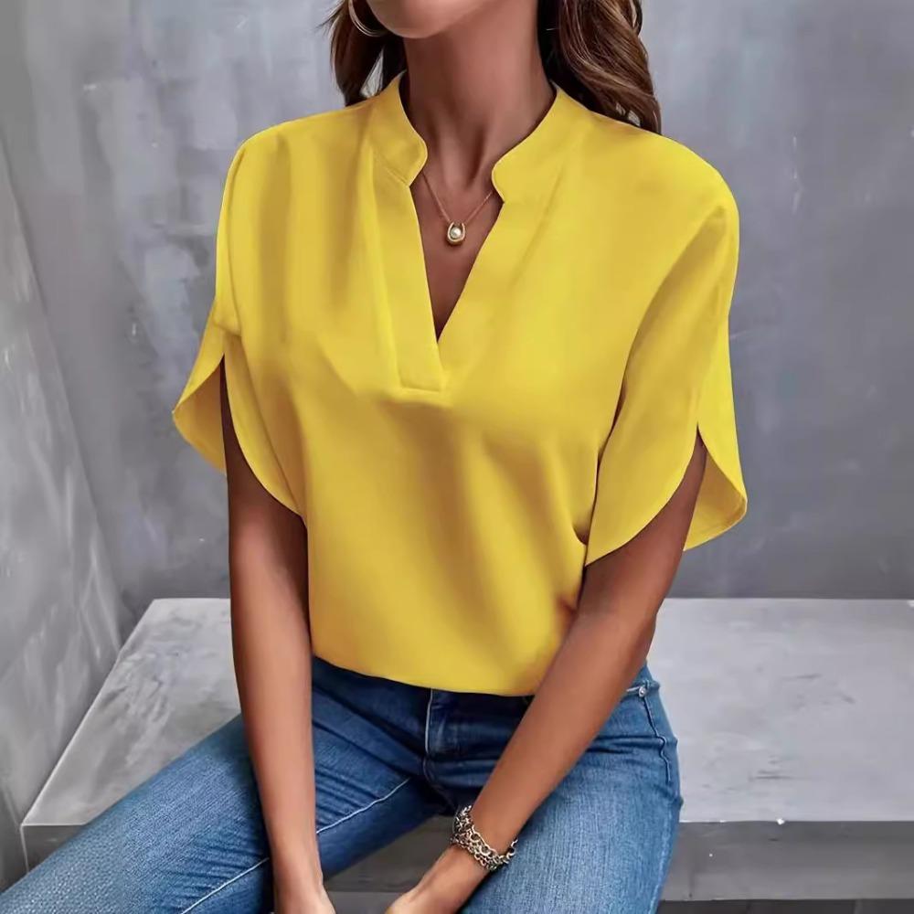 Women's Summer Casual Solid Color V-neck Loose Shirt Tops for Women