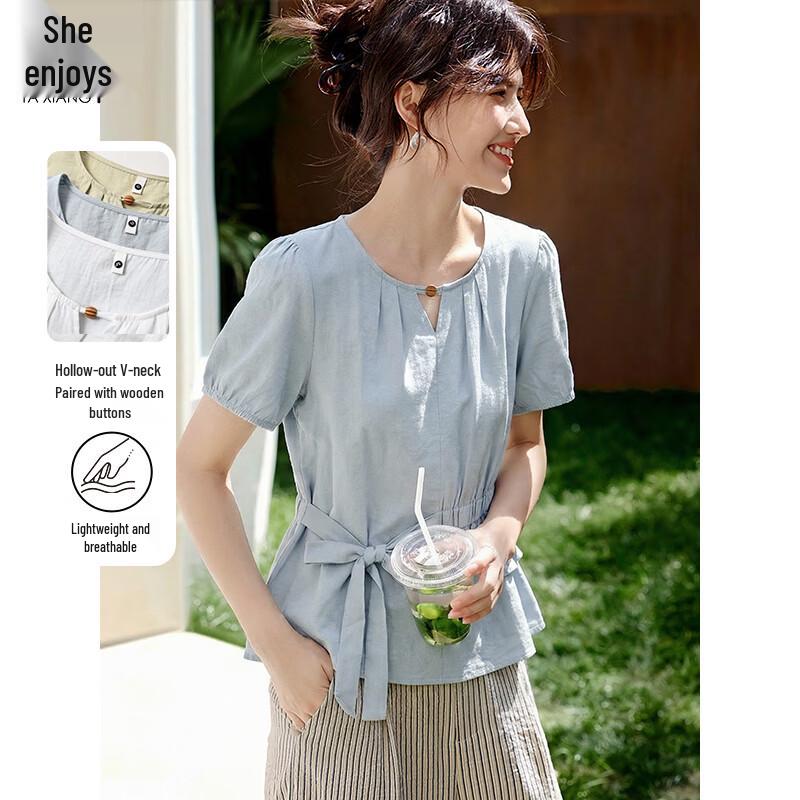 Women s Round Neck Short Sleeve Blouse with Waist Tie L